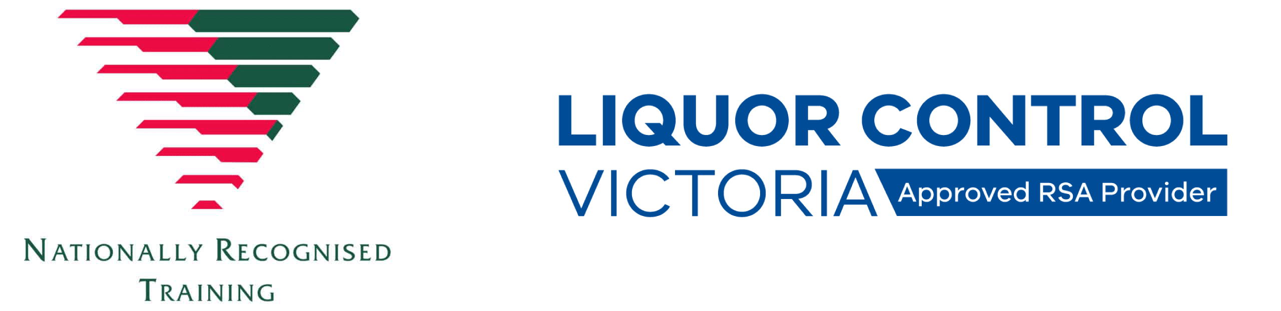 Two logos side by side. They are Nationally Recognised Training and Liquor Control Victoria Approved RSA Provider.